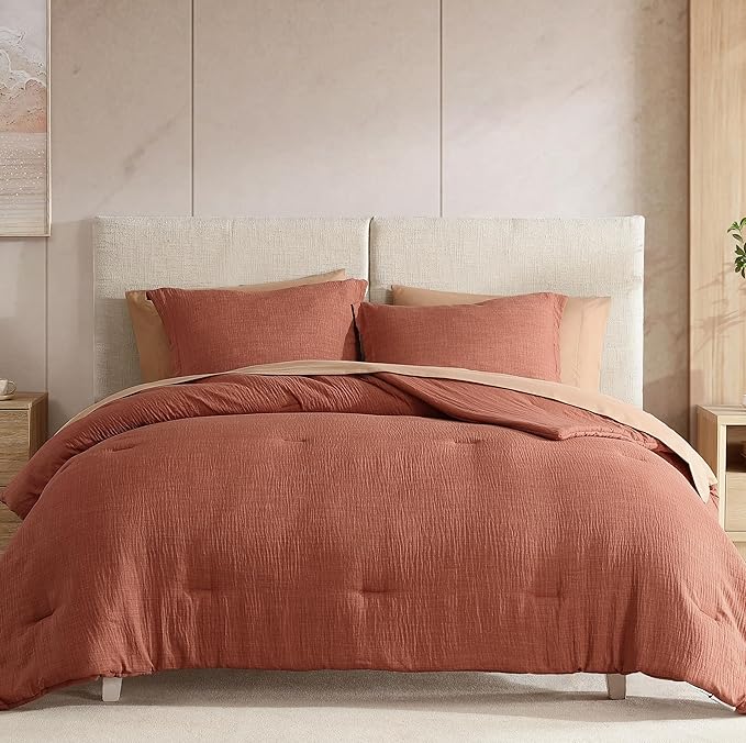Geniospin King Size Comforter Set- 7 Pieces Terracotta Textured King Bedding Set, Soft Solid Bed in a Bag for All Seasons, Fall Comforter Set with Sheets