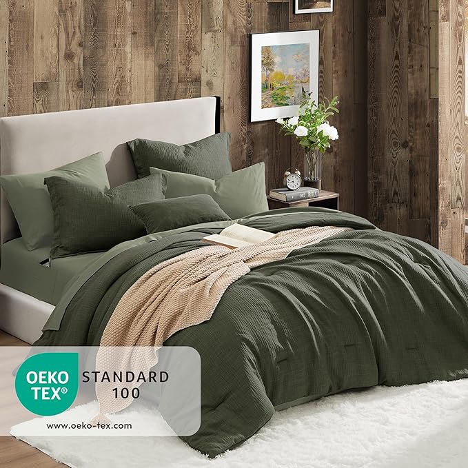 Geniospin California King Comforter Set - 7 Pieces Comforter King Size, Soft Solid Bedding Set for All Season, Textured Bed in a Bag with Sheets, Pillowcases & Shams (Dark Green,108''x92'')