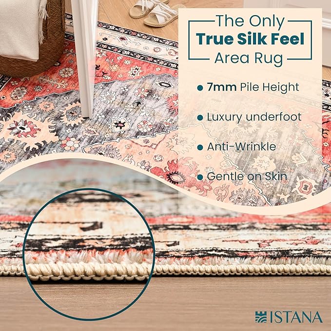 Istana Rugs 3x5 - Red & Teal 3x5 Washable Rug - Kid & Pet Friendly Dining Room Rug for Under Table - Non Shedding Foldable Non Slip Area Rug - Eco-Friendly Materials for Red Teal Rugs