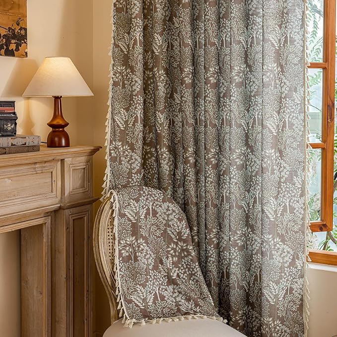 OYX Floral Curtains 96 Inch Length 2Panels for Living Room, Bedroom Light Filtering Drapes, Farmhouse Vintage Country French Tassels for Boho Pattern Rod Pocket Aesthetic Home Decor Window Treatments