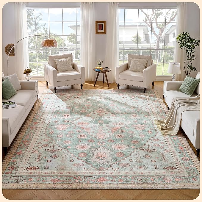 Istana Living Room Rug 10x14 - Light Green/Pink 10 x 14 Area Rug - Foldable Machine Washable Area Rugs 10x14 - Stylish 10x14 Area Rugs Boho - Stain Resistant Washable Rug 10x14