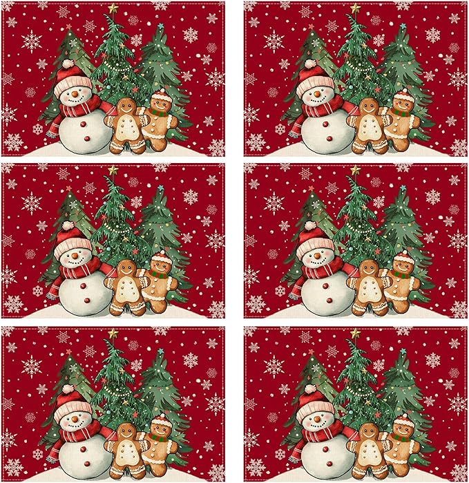 XCHI Winter Red Snowman Gingerbread Man Christmas Tree Xmas Placemats Set of 6 Table Mats for Party Home Kitchen Dining Table Decorations 12x18 Inch