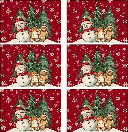 XCHI Winter Red Snowman Gingerbread Man Christmas Tree Xmas Placemats Set of 6 Table Mats for Party Home Kitchen Dining Table Decorations 12x18 Inch