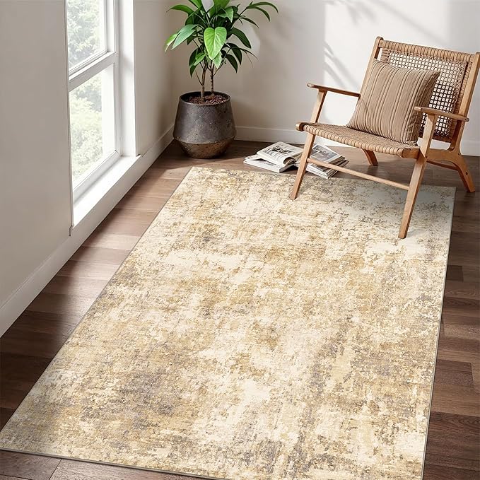 3x5 Modern Abstract Rug Washable Area Rugs for Living Room Bedroom Dining Room Non-Slip Low Pile Neutral Large Rug Soft Indoor Floor Carpet, Gold