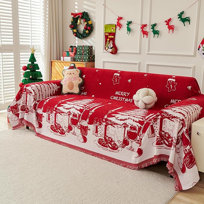 MYSKY HOME Christmas Couch Cover, Sofa Cover for 2 Cushion Couch, Non-Slip Soft Sofa Slipcover Protector, Sofa Covers Washable, Couch Covers for Sectional Sofa, Sofa Towel for Pet Cat Dog, 71" x 102"