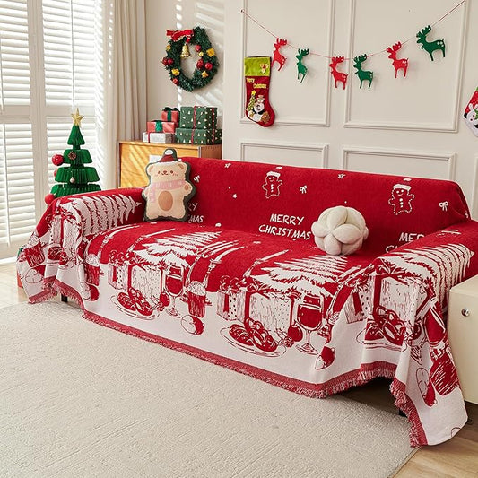 MYSKY HOME Christmas Couch Cover, Sofa Cover for 2 Cushion Couch, Non-Slip Soft Sofa Slipcover Protector, Sofa Covers Washable, Couch Covers for Sectional Sofa, Sofa Towel for Pet Cat Dog, 71" x 102"