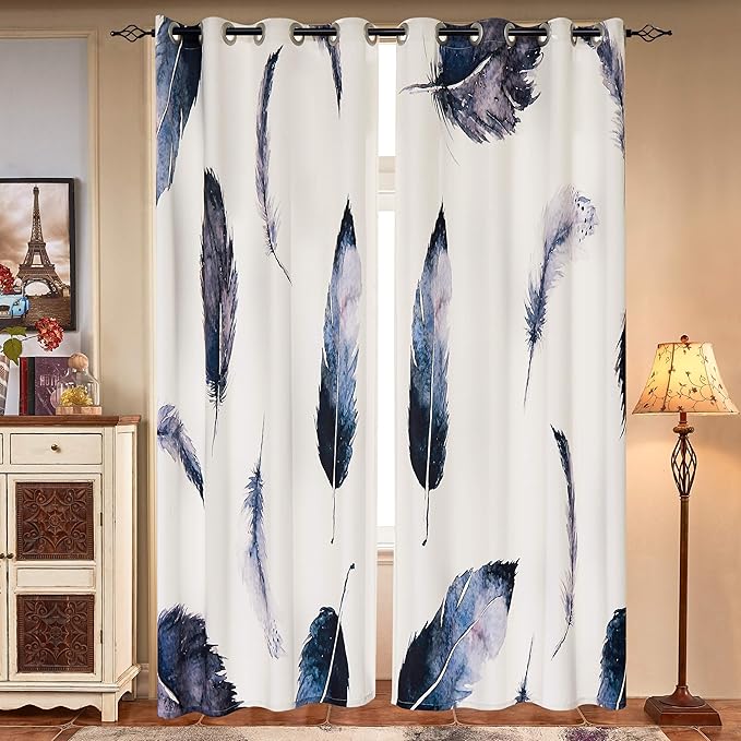 SUBRTEX Light Flitering Curtains 52Wx95L, Room Darkening Vibrant Floral Drapes, 50% Blackout, Semi Sheer Boho Farmhouse Curtains for Living Room, White