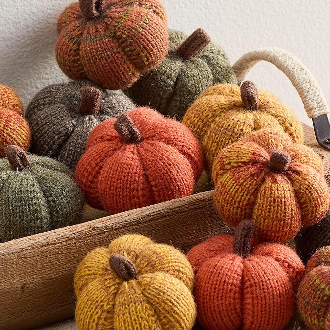 Your Heart's Content Cozy Mini Knit Pumpkin Set of 12 Spiced Orange Green Gold Autumn Table décor, Gift for Friend, Fall Thanksgiving Table (Spiced Maple Full Set)