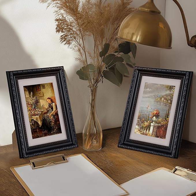 eletecpro 5x7 Picture Frames Set of 2, Vintage Photo Frames with Glass, Display 4x6 Photo with Mat or 5x7 without Mat for Tabletop or Wall Decor, Black