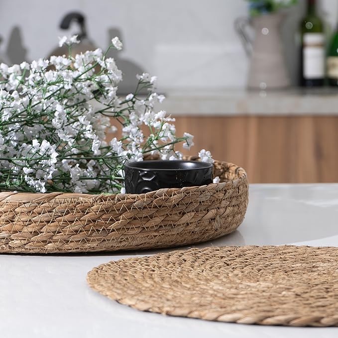 Art PineCone's Woven Cotton Rope Round Placemats Set of 4 with Holder Included, Non-Slip, and Heat Resistant Shabby Chic Placemats (Cattail, 13 inch)