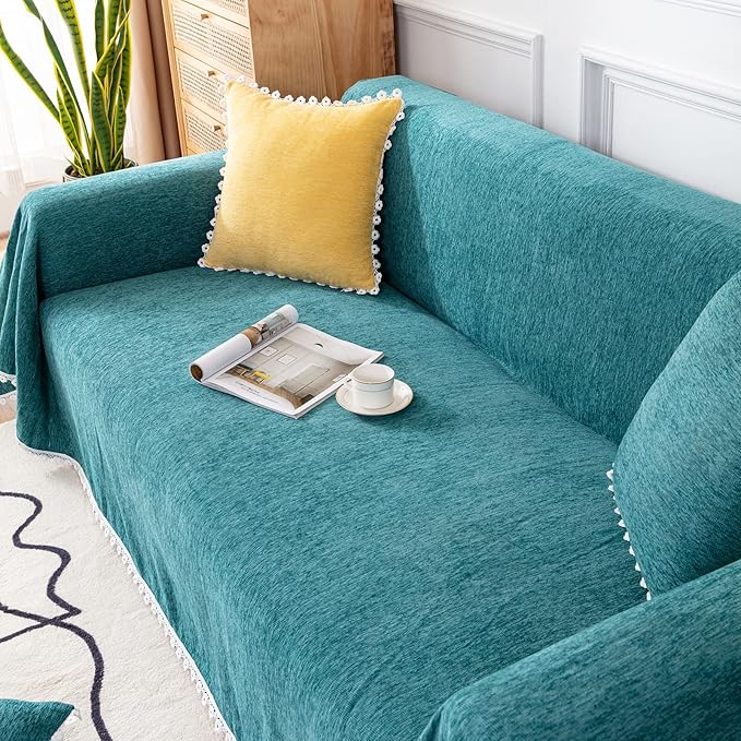 VClife Farmhouse Couch Cover for Sofa Soft Chenille Turquoise Sofa Cover Furniture Protector - Washable Home Sofa Slipcover for 2 Cushion Couch Sofa (71"X118") Gift for Christmas Thanksgiving Wedding
