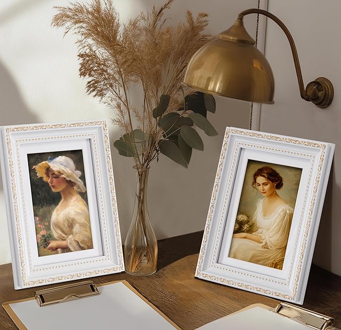 eletecpro 5x7 Picture Frames Set of 2, Vintage 5 x 7 Photo Frames with Real Glass, Displays 4x6 Photo with Mat or 5x7 without Mat for Tabletop or Wall Decor, White