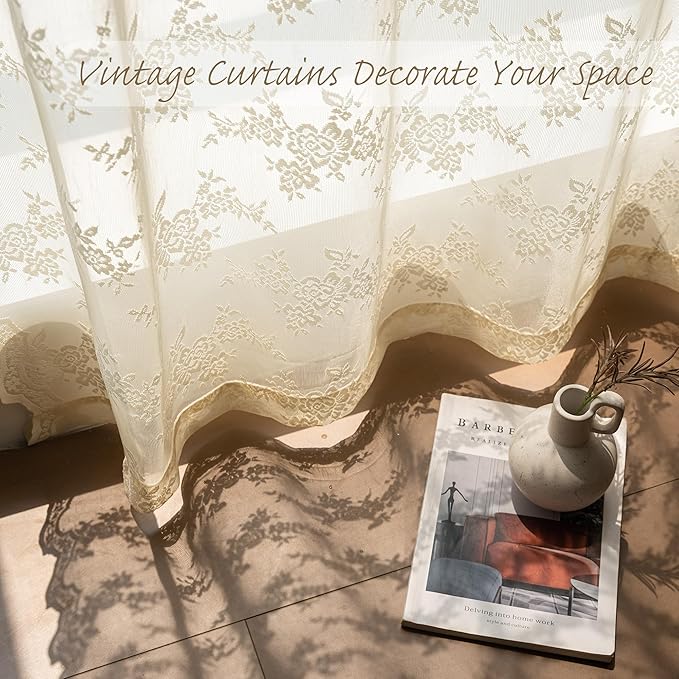 MEETSKY Lace Sheer Curtains 72 Inch Long 2 Panels Set Vintage French Victorian Spring Floral Pattern Design Light Filtering Back Tab Rod Pocket Drapes for Living Room, 50" W Each Panel, Light Yellow