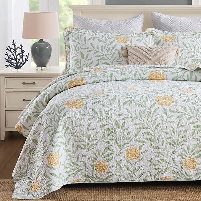 Homzard Floral Quilt King Size - Cotton Green Sage Comforter Set, Farmhouse Floral Leaves Bedspread (106"x98") with 2 Pillow Shams, Lightweight King Quilt Bedding Garden Quilts