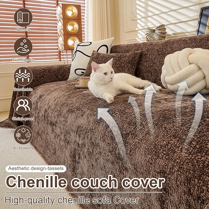 ROOMLIFE Brown Sofa Cover, Vintage Boho Couch Cover for 3 Cushion Sofa, Soft Chenille Sofa Cover for Dog, Washable Furniture Sofa Protector Cover Blanket with Tassel for Living Room, 71 '' X 150''