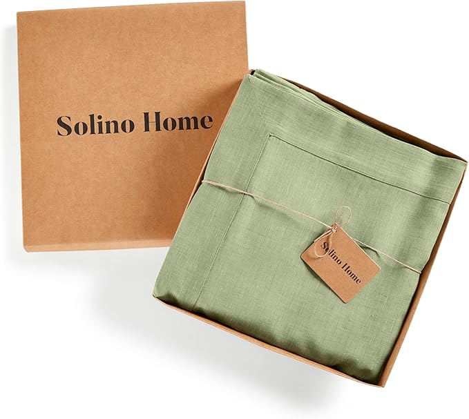 Solino Home Linen Tablecloth 54 x 72 Inch - 100% Pure Linen Chambray Olive Table Cloth for Rectangular Tables - Athena, Machine Washable Cloth Tablecloth for Fall, Autumn, Thanksgiving