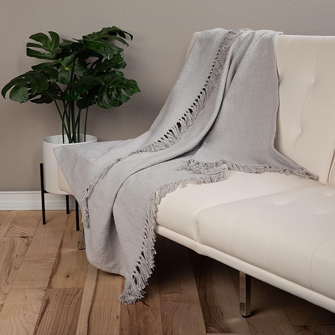 Sticky Toffee Woven Cotton Throw Blanket 60x50 in – Gray Textured Blanket with Fringe for Couch or Bed, Thick and Durable, Boho Decorative Style