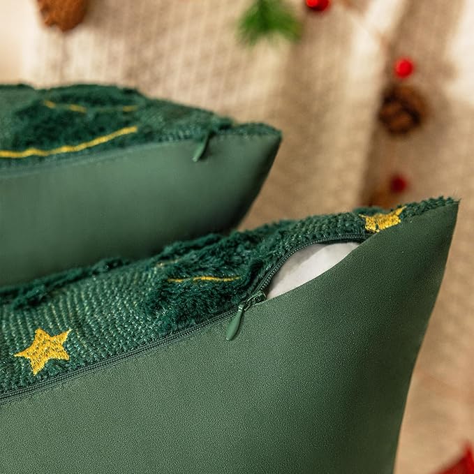 AQOTHES Christmas Tree Decorative Green Throw Pillow Covers 20x20 Set of 2, Faux Fur Farmhouse Throw Pillows Cushion Cases for Xmas Winter Holiday Home Decor