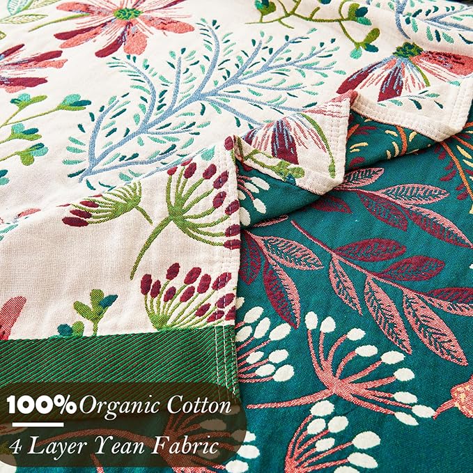 Boho Throw Blanket, 100% Organic Cotton Breathable Ultra Soft 50" x 60" Bed Quilt Throw - All Season Floral Rustic Farmhouse Decor Luxury Reversible Blanket for Sofa Couch Chair and Gift
