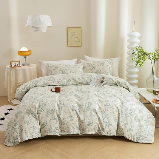 ECOCOTT 3 Pieces Duvet Cover Set with Vintage Green Leaves Pattern 100% Natural Cotton, Ultra Soft and Easy Care Breathable Cozy Simple Style Bedding Set (King Size)