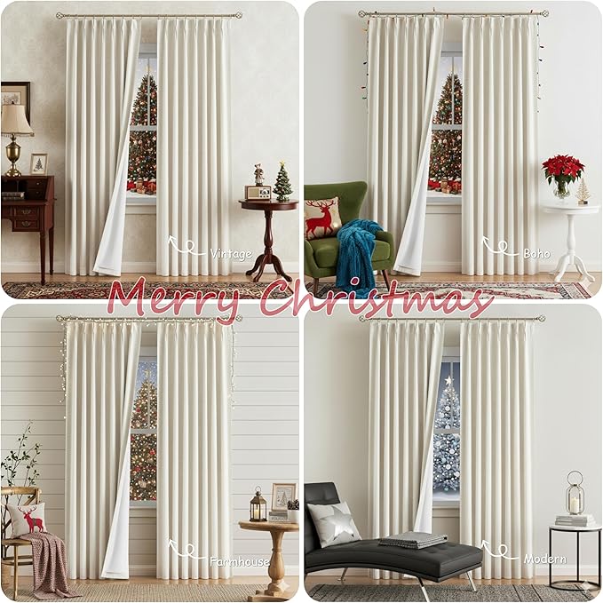 Vision Home Natural Full Blackout Curtains Linen Blended Darkening Window Curtains 84 inch for Living Room Bedroom Thermal Insulated Pinch Pleat Drapes with Hooks 2 Panel 40"Wx84"L