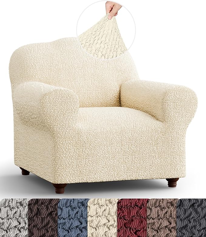 PAULATO BY GA.I.CO. Chair Cover - Armchair Cover - Armchair Slipcover - Cotton Fabric Slipcover - 1-Piece Form Fit Stretch Stylish Furniture Protector - Mille Righe Collection - Cream (Chair)