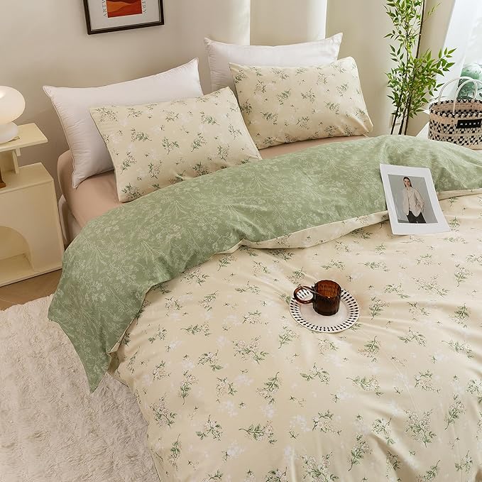 ECOCOTT Duvet Cover Queen Size - Reversible Green Floral Duvet Cover Set, Ultra Soft & Breathable Comforter Cover with Zipper Closure 4 Ties Bedding Set for Girls and Women