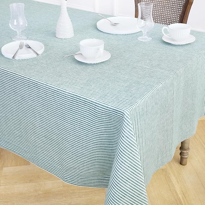 Solino Home Linen Striped Tablecloth 60 x 90 Inch - 100% Pure Linen Rainforest and White Table Cloth for Rectangle Tables - Narrow Stripe, Machine Washable Tablecloth for Christmas