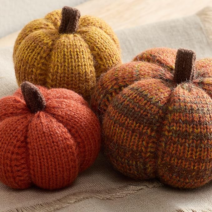 Your Heart's Content Set of 3 Cozy Mini Knit Pumpkins, Warm Green Gold Fall Table top décor, Soft Autumn Home Accents, Thanksgiving Table Setting (Spiced Maple Multi-Size Set)