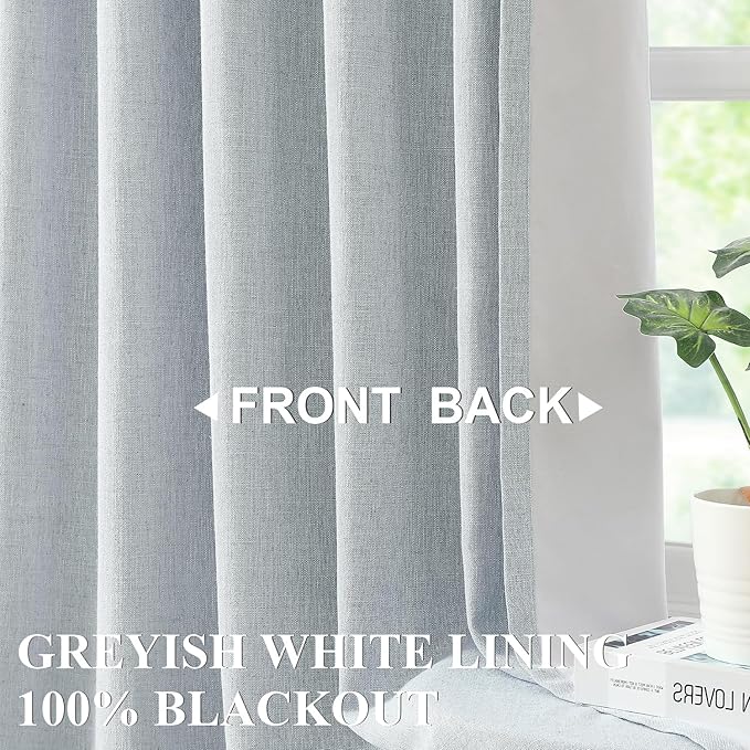 Vision Home Blue Gray Pinch Pleated Full Blackout Curtains Linen Blended Room Darkening Window Curtains 108 inch for Living Room Bedroom Thermal Insulated Pinch Pleat Drapes with Hooks 40" Wx108 Lx2
