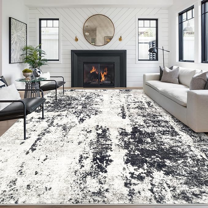 Modern Abstract Area Rug, 9'x12', Machine Washable, Non-Slip, Stain Resistant, Neutral, Soft, Perfect for Living Room, Dining Room, Bedroom, Office (Black)