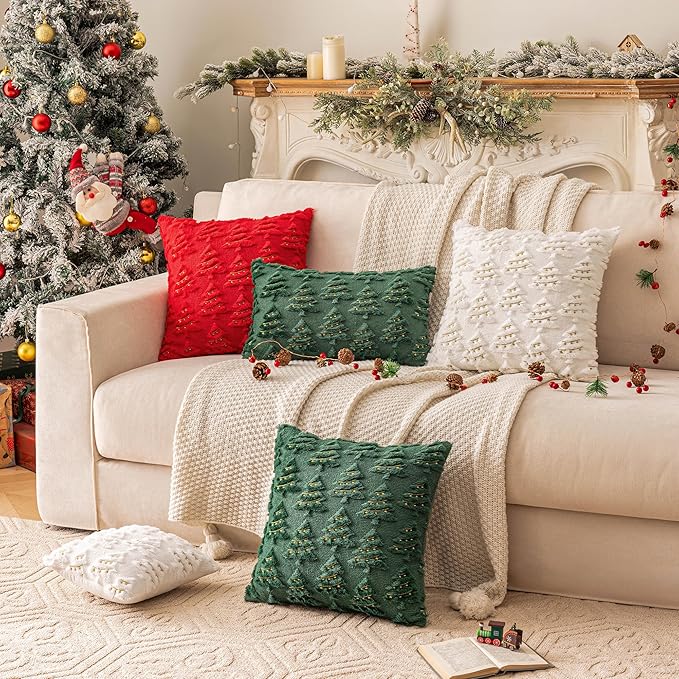 AQOTHES Christmas Tree Decorative Green Throw Pillow Covers 24x24 Set of 2, Faux Fur Farmhouse Throw Pillows Cushion Cases for Xmas Winter Holiday Home Decor