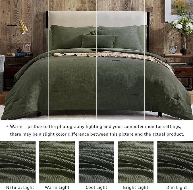 Geniospin King Comforter Set - 7 Pieces Comforter King Size, Soft Solid Bedding Set for All Season, Textured Bed in a Bag with Sheets, Pillowcases & Shams (Dark Green, 102''x90'')