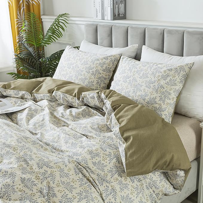HoneiLife Floral Duvet Cover King - 100% Cotton Comforter Cover,Breathable Bedlinen Set with Zipper Closure & Corner Ties, Botanical Comforter Cover Sets 3-PC