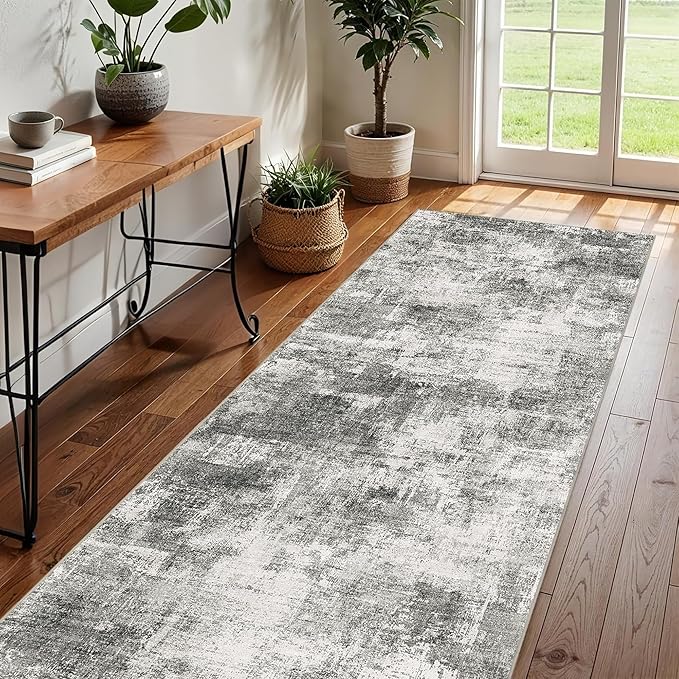 2x6 Modern Abstract Rug Washable Area Rugs for Living Room Bedroom Dining Room Non-Slip Low Pile Neutral Large Rug Soft Indoor Floor Carpet, Gray