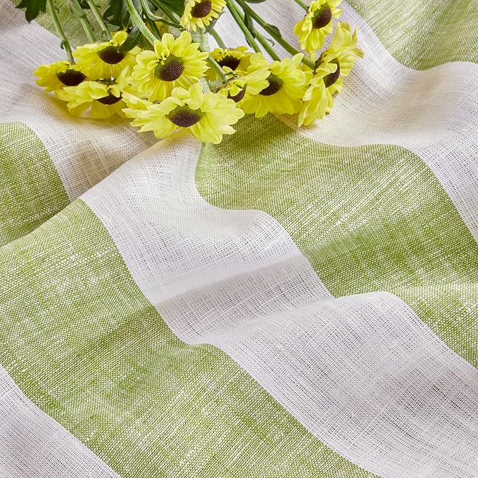 Solino Home Linen Tablecloth 52 x 52 Inch - Cabana Stripe, 100% Pure Linen Green and White Square Tablecloth - Machine Washable Table Throw