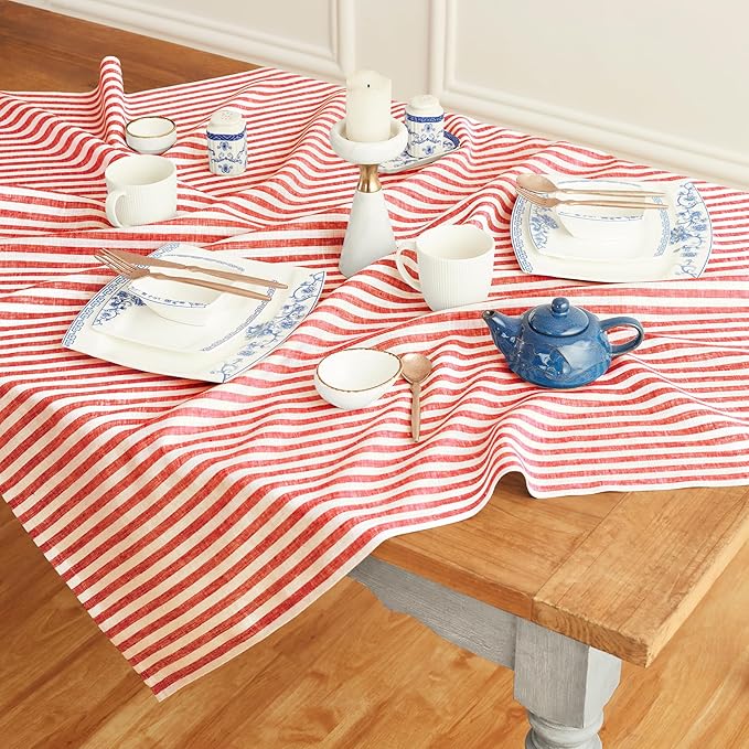 Solino Home Linen Striped Tablecloth 52 x 52 Inch - 100% Pure Linen Red and White Square Table Throw - Amalfi Stripe, Machine Washable Tablecloth
