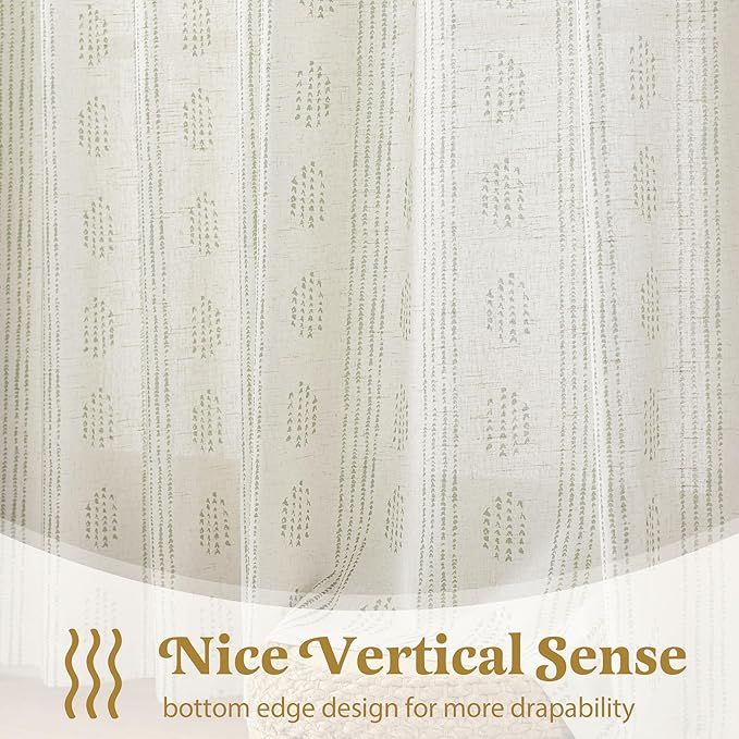 Boho Linen Curtains for Bedroom Living Room Sage Green Farmhouse Boho Curtains 72 Inches Long Geometric Striped Patterned Mudcloth Grommet Top Rustic Window Drapes 2 Panels Green on Beige