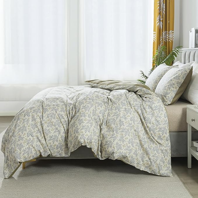 HoneiLife Floral Duvet Cover Queen - 100% Cotton Comforter Cover,Breathable Bedlinen Set with Zipper Closure & Corner Ties, Botanical Comforter Cover Sets 3-PC