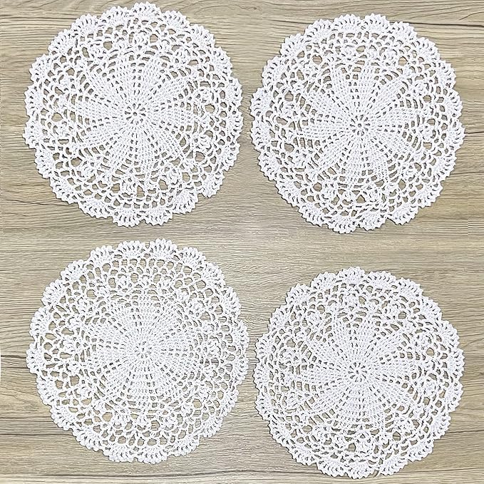 PHANTOMON Crochet Doilies Handmade Round Cotton Lace Table Placemats Knitted Tablecloth, Star Pattern Rippled Edge, Pack of 4 (10 Inch, White)
