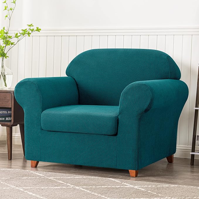 SUBRTEX Stretch Chair Covers 2 Piece 1 Seater Armchair Couch Sofa Cover Washable Furniture Protector with Elastic Bottom for Kids, Pets(Teal,Armchair)