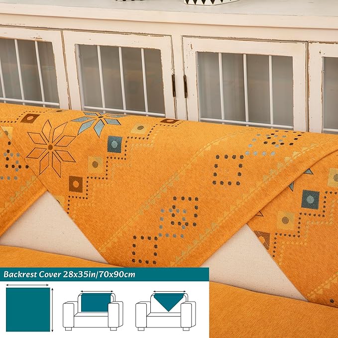Boho Chenille Couch Covers,Geometric Couch Covers for Sofa,Chenille Couch Cover Non Slip,Sectional l Shaped Sofa Furniture Protector Cover for Home Decor,Orange_Backrest 28x35in/70x90cm