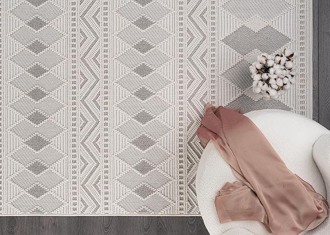 CAMILSON Micro Loop Rug 8x10 Modern Luxury Geometric Boho Diamond Area Rugs Soft High and Low Pile Stain Resistant Easy-Cleaning Non-Shedding for Living Room Office Indoor Carpet (8 x 10 / White-Gray)
