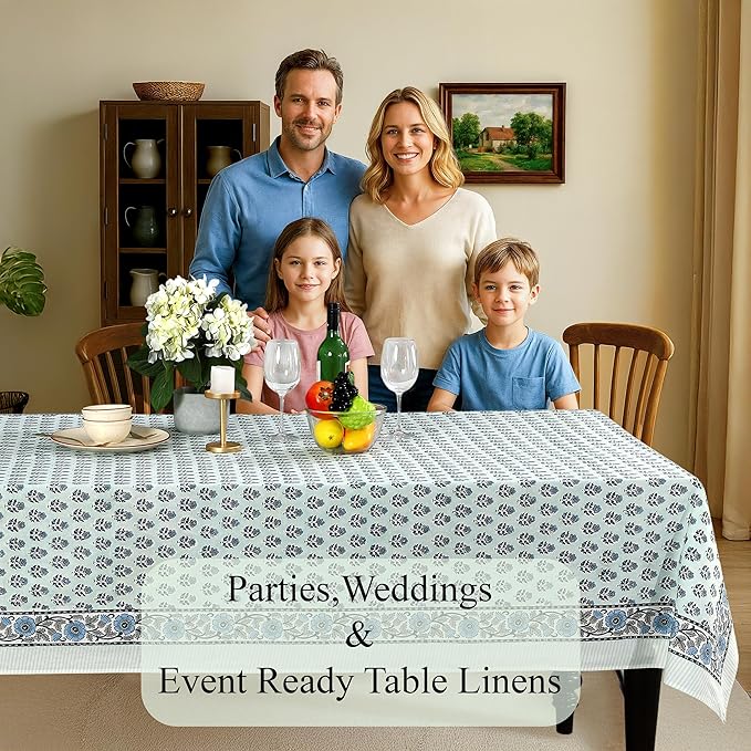 CPC Tablecloth 100% Cotton 80x120 Inch Indian Block Print Rectangle Table Cover, Washable Table Cloth for Weddings, Spring/Summer, Barbeque - Poppy Blue