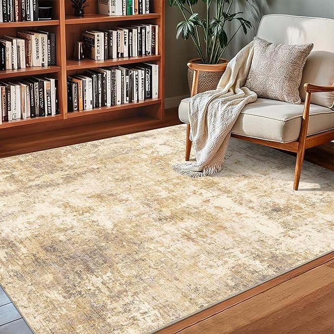 3x5 Modern Abstract Rug Washable Area Rugs for Living Room Bedroom Dining Room Non-Slip Low Pile Neutral Large Rug Soft Indoor Floor Carpet, Gold
