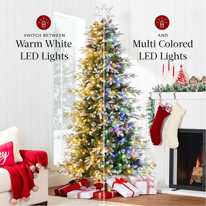 Best Choice Products 4.5ft Pre-Lit Artificial Frosted Slim Aspen Christmas Tree, Partially Flocked Holiday Décor w/ 2-in-1 White & Multicolor LED Lights