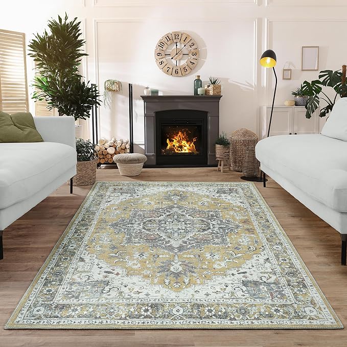 Bloom Rugs Washable Non-Slip 4' x 6' Rug - Yellow Traditional Medallion Area Rug for Living Room, Bedroom, Dining Room, and Kitchen - Exact Size: 4' x 6'