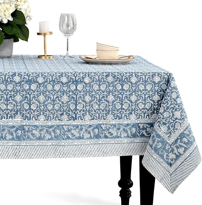 CPC Azure Regal Tablecloth 100% Cotton 70x118 Inch Indian Block Print Rectangle Table Cover, Table Cloth for Gifting in Weddings, Halloween, Fall, Christmas, Thanksgiving