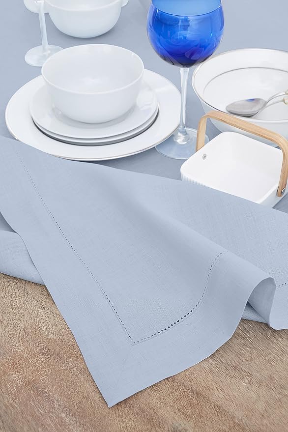 Solino Home Sky Blue Linen Tablecloth 54 x 72 Inch - 100% Pure Linen Hemstitch Table Cloth for Rectangle Tables - Classic Hemstitch, Machine Washable Tablecloth