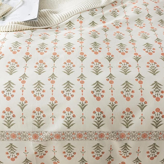 HoneiLife Floral Duvet Cover Twin - 100% Cotton Comforter Cover Wildflower Duvet Cover Sets, Botanical Duvet Cover with Zipper Closure & Corner Ties, 2-PCS Orange Comforter Cover Sets